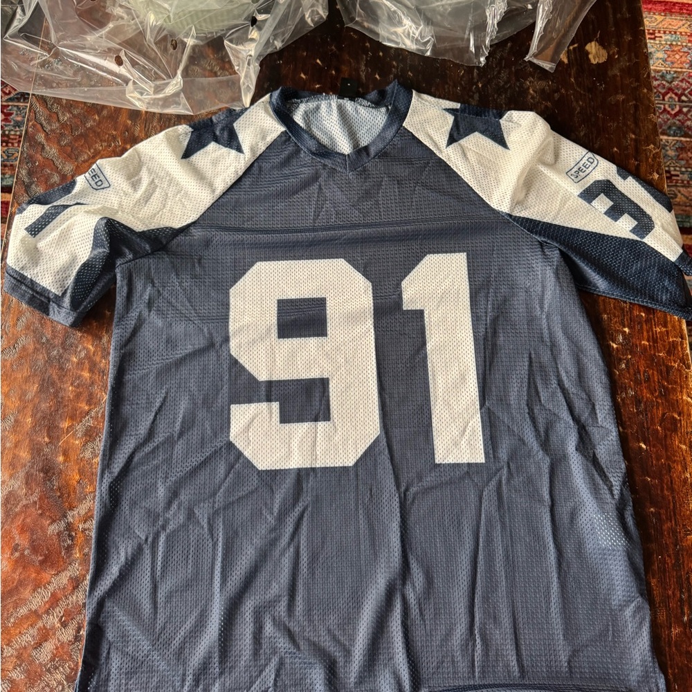 Blue and White Football Jersey with Number 91